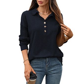 Womens Long Sleeve Henley Casual Ribbed Tunic Tops Lightweight Fall Shirts