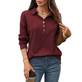 Womens Long Sleeve Henley Casual Ribbed Tunic Tops Lightweight Fall Shirts