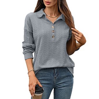 Womens Long Sleeve Henley Casual Ribbed Tunic Tops Lightweight Fall Shirts