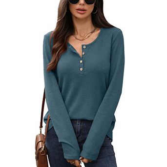 Women Long Sleeve Waffle Knit Tops Crew Neck Button Casual Loose Shirt