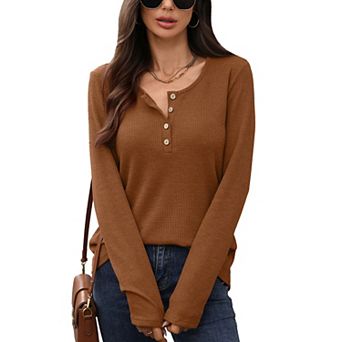 Women Long Sleeve Waffle Knit Tops Crew Neck Button Casual Loose Shirt