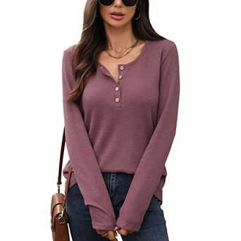 Women Long Sleeve Waffle Knit Tops Crew Neck Button Casual Loose Shirt