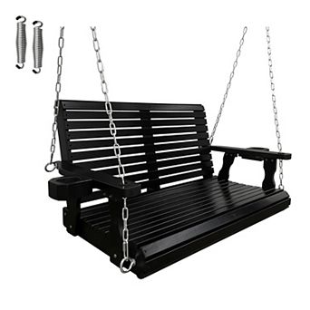 Wooden Porch Swing 2-Seater, High Backrest and Deep Seat, Bench Swing with Cup Holders