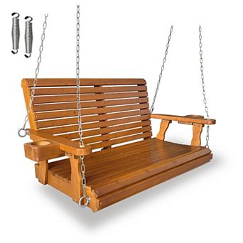 Wooden Porch Swing 2-Seater, High Backrest and Deep Seat, Bench Swing with Cup Holders