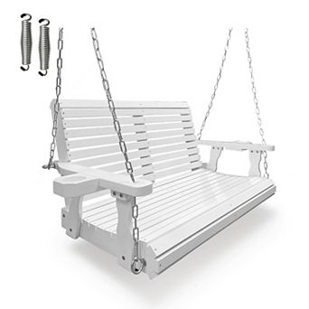 Wooden Porch Swing 2-Seater, High Backrest and Deep Seat, Bench Swing with Cup Holders