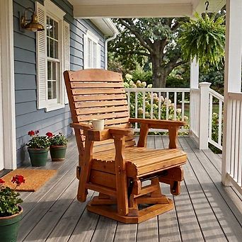 Wooden Swivel Glider Chair, 360° Outdoor Patio Rocker with Ergonomic Design, Smooth Gliding Motion