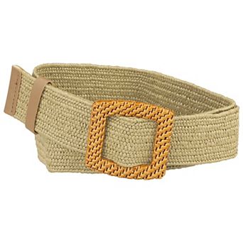 Womens Woven Wide Stretch Belts Retro Straw Rattan Wooden Buckle Elastic Waist Belt for Dress