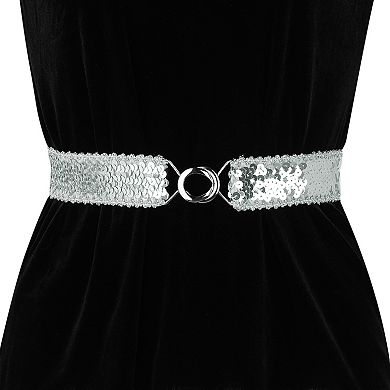 Womens Skinny Elastic Waist Belts Sequins Decor Stretchy Belts for Dresses 2PCS