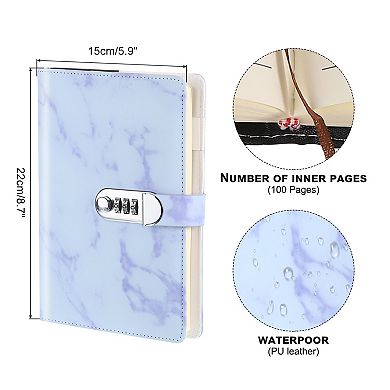 Lockable Leather Journal with Pen & Card Slots, Cute Marble Diary Notebook