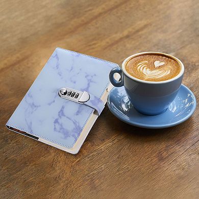 Lockable Leather Journal with Pen & Card Slots, Cute Marble Diary Notebook