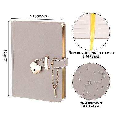 Diary with Lock and Key, Cute Leather Journal Notebook, 144 Pages with Heart Lock