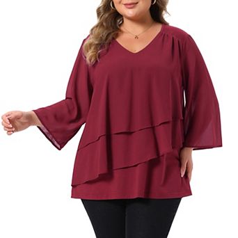 Women's Plus Size Blouse Top V Neck 3/4 Sleeve Front Layered Chiffon Spliced Knit Top Casual Shirt