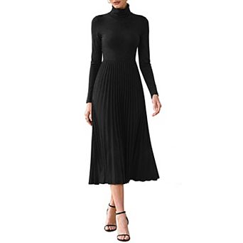 Women's Pleated Knit Dress Long Sleeve Turtleneck Sweater A Line Midi Dresses Fall Winter Outfits