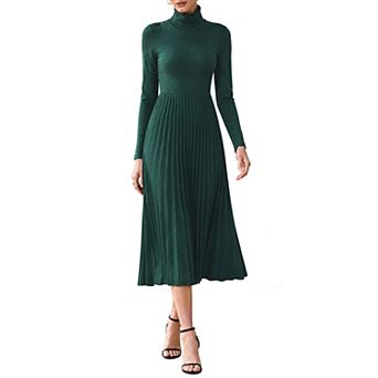 Women's Pleated Knit Dress Long Sleeve Turtleneck Sweater A Line Midi Dresses Fall Winter Outfits