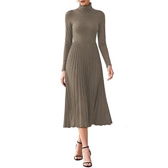 Women's Pleated Knit Dress Long Sleeve Turtleneck Sweater A Line Midi Dresses Fall Winter Outfits