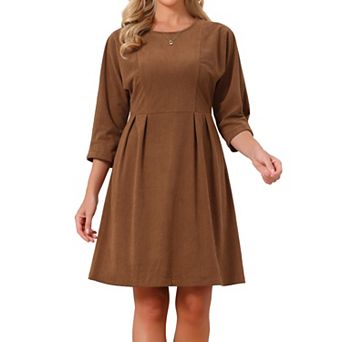 Women's Corduroy Dress 3/4 Sleeve Crew Neck Knee Length Fall Winter A Line Dresses with Pockets