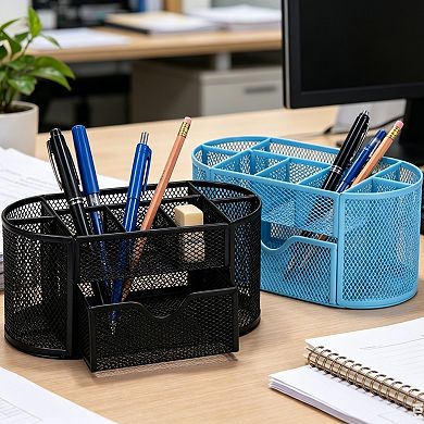 Multi-functional Metal Mesh Pen Holder & Pencil Cup with 8 Compartments & 1 Drawer