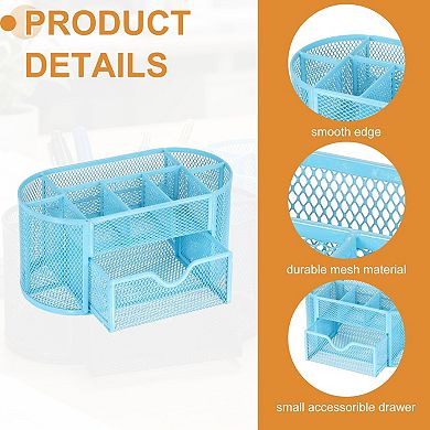 Multi-functional Metal Mesh Pen Holder & Pencil Cup with 8 Compartments & 1 Drawer