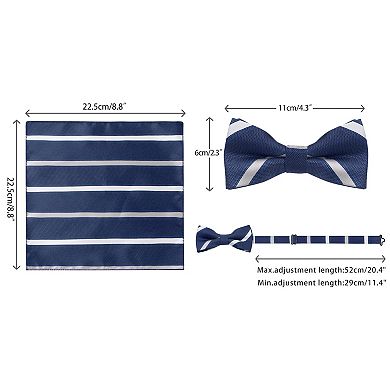 Men's Stripe Neck Tie Set Pre-Tied Bow Ties with Pocket Square Sets for Tuxedo Suits