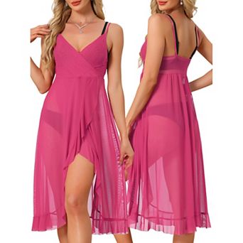 Women's Chiffon Mesh Lingerie Semi-Sheer Spaghetti Strap V Neck Midi Nightgown Pajama Dress