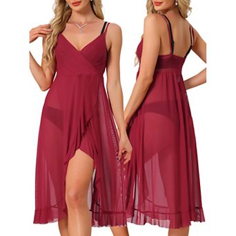 Women's Chiffon Mesh Lingerie Semi-Sheer Spaghetti Strap V Neck Midi Nightgown Pajama Dress