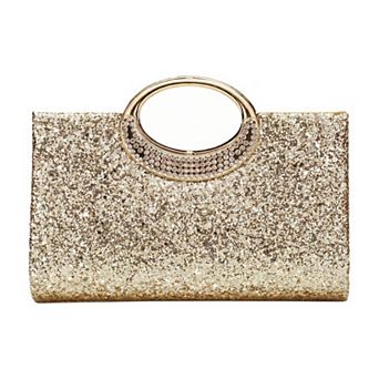 Elegant Golden Clutch Bags for Women with Rhinestone Ring Handle and Sleek Rectangular Shape