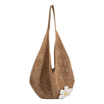Flower Crochet Mesh Shoulder Bag for Women Lightweight Tote Purse with Open Top