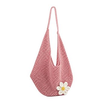 Flower Crochet Mesh Shoulder Bag for Women Lightweight Tote Purse with Open Top