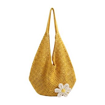 Flower Crochet Mesh Shoulder Bag for Women Lightweight Tote Purse with Open Top