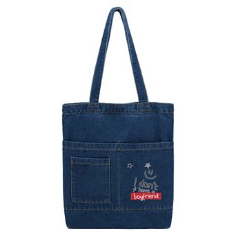 Simple Style Denim Shoulder Bags with Long Handles and Front Storage Pocket Design