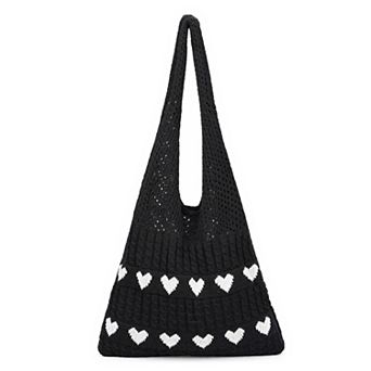 Heart Pattern Knit Shoulder Tote Bag for Women Casual Handbag with Open Top