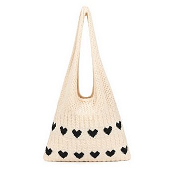 Heart Pattern Knit Shoulder Tote Bag for Women Casual Handbag with Open Top
