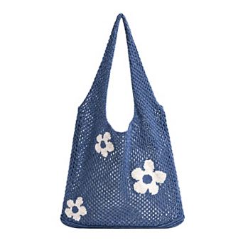 Knitted Mesh Tote Bag for Women Floral Crochet Shoulder Handbag with Open Top