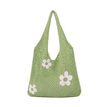 Knitted Mesh Tote Bag for Women Floral Crochet Shoulder Handbag with Open Top