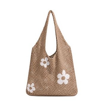 Knitted Mesh Tote Bag for Women Floral Crochet Shoulder Handbag with Open Top