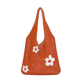 Knitted Mesh Tote Bag for Women Floral Crochet Shoulder Handbag with Open Top