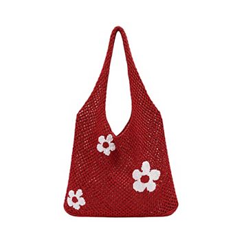 Knitted Mesh Tote Bag for Women Floral Crochet Shoulder Handbag with Open Top