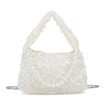 Sparkly Sequin Handheld Bags for Women with Pearl Embellishment and Removable Crossbody Chain