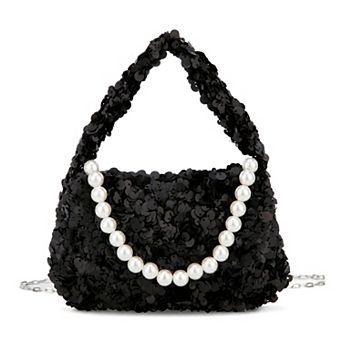 Sparkly Sequin Handheld Bags for Women with Pearl Embellishment and Removable Crossbody Chain
