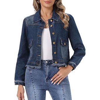 Jean Jacket for Womens Trendy Collared Long Sleeve Button Up Cropped Denim Jackets
