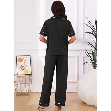 Women's Pajama Set Button Down Bow Short Sleeve Top and Pants Soft Pajamas Sets 2 Piece Lounge Set
