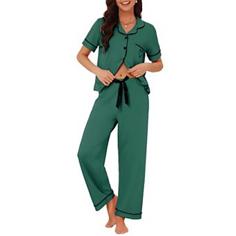 Women's Pajama Set Button Down Bow Short Sleeve Top and Pants Soft Pajamas Sets 2 pc Lounge Set