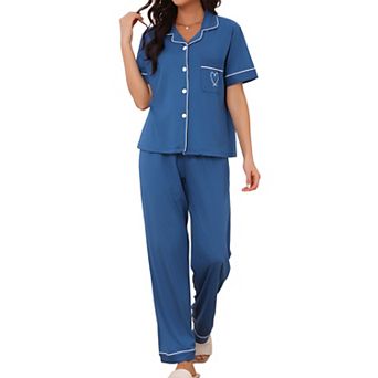 Women's Pajama Set Button Down Bow Short Sleeve Top and Pants Soft Pajamas Sets 2 pc Lounge Set