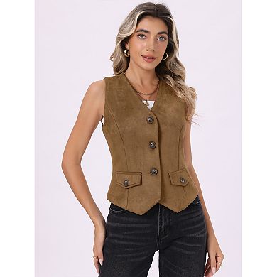 Faux Suede Vest for Women's Button Down V Neck Waistcoat with Back Belt