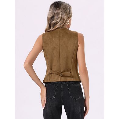 Faux Suede Vest for Women's Button Down V Neck Waistcoat with Back Belt