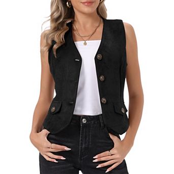 Faux Suede Vest for Women's Button Down V Neck Waistcoat with Back Belt