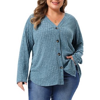 Women's Plus Size V Neck Button Down Ribbed Knit Cardigan