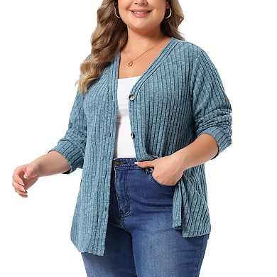 Women's Plus Size V Neck Button Down Ribbed Knit Cardigan