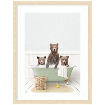 Three Bear Cubs in Cottage Green Bath by Amy Peterson Framed Wall Art Print