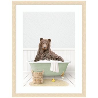 Bear in Cottage Green Bath by Amy Peterson Framed Wall Art Print